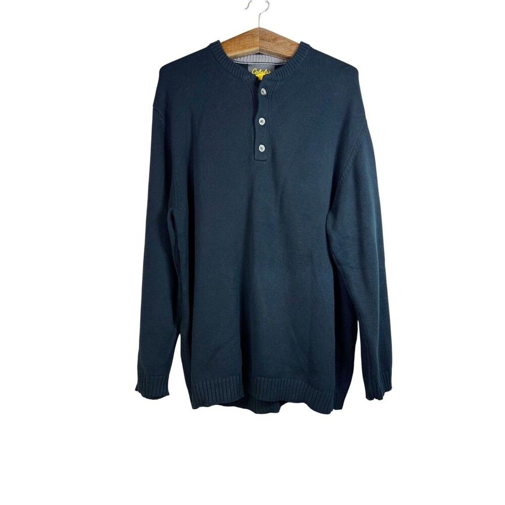 Cabelas Mens Black Chunky Knit Quarter Button Sweater Long Sleeve Size L Cotton